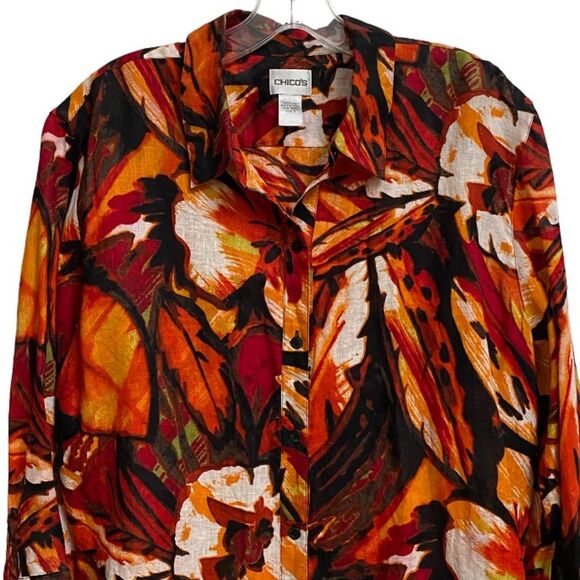 Chico's Linen Button Down Hawaiian Shirt Women's Size 3 Floral Orange Tunic - Picture 4 of 12